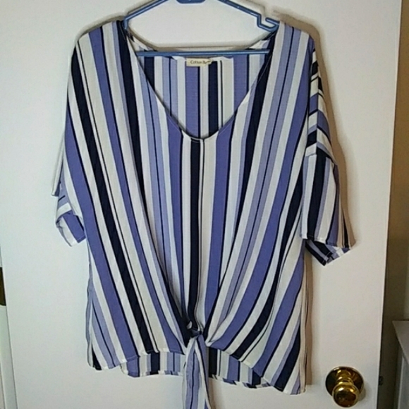 Cotton Bleu blue and white striped V Neck blouse. Size L - Picture 1 of 6
